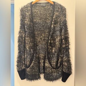 Greylin Sz small metallic ribbon and faux fur cardigan black, gold, and silver